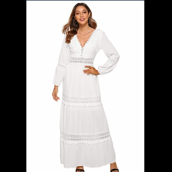 Women’s White V neck Lace Long Dress NWT - Picture 2 of 6